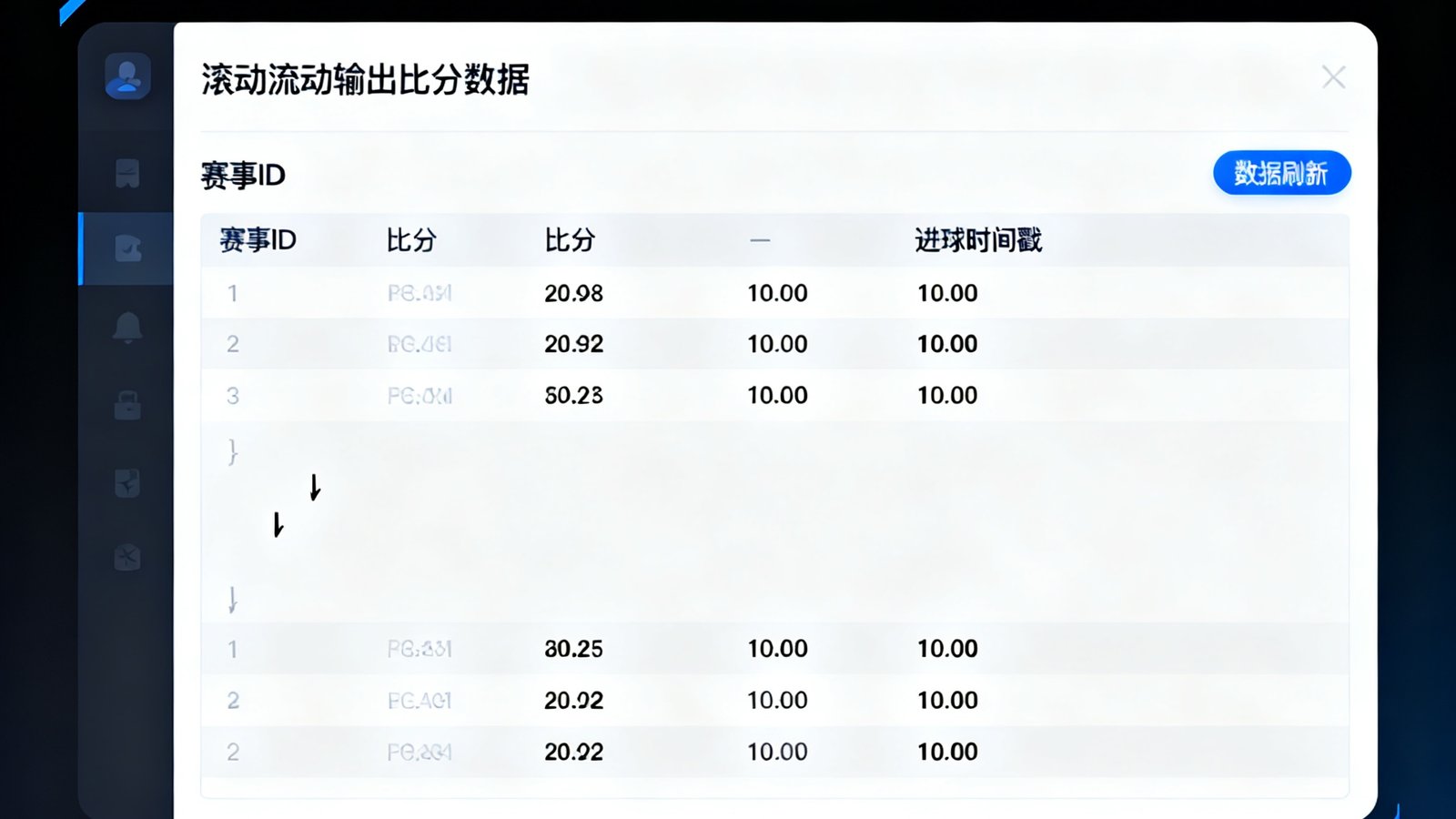 雷速比分网企业级API数据接口演示界面，展示JSON格式实时比分数据输出，包含赛事ID、比分、进球时间戳等字段。