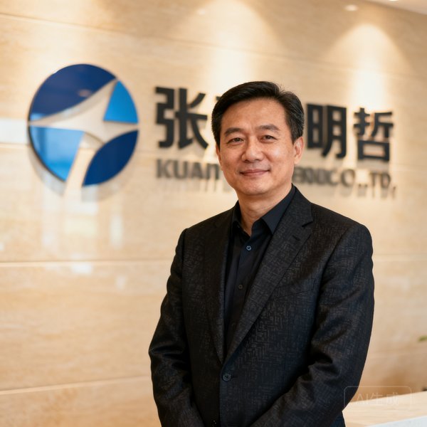 雷速比分网创始人张明哲的商务正装照片，40岁左右男性，背景是公司logo墙，表情自信沉稳。