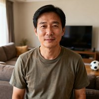 一位30多岁的男性足球爱好者的头像照片，穿着休闲T恤，背景是客厅沙发和电视。